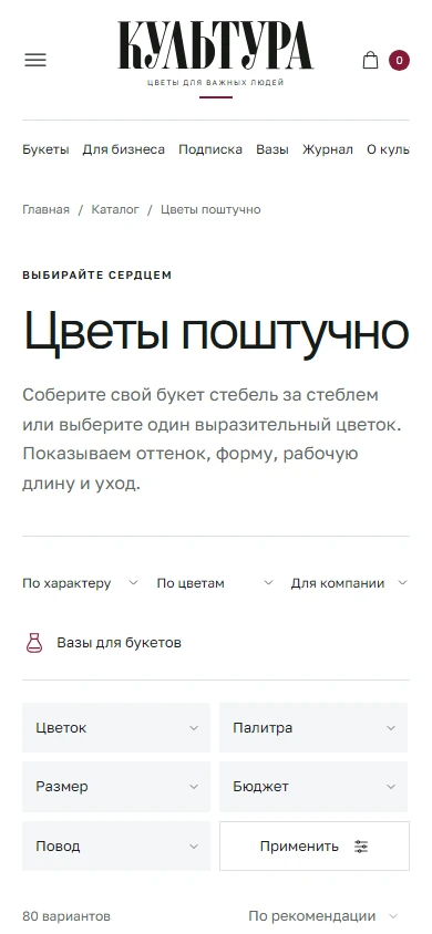 Фильтры каталога Культура на смартфоне